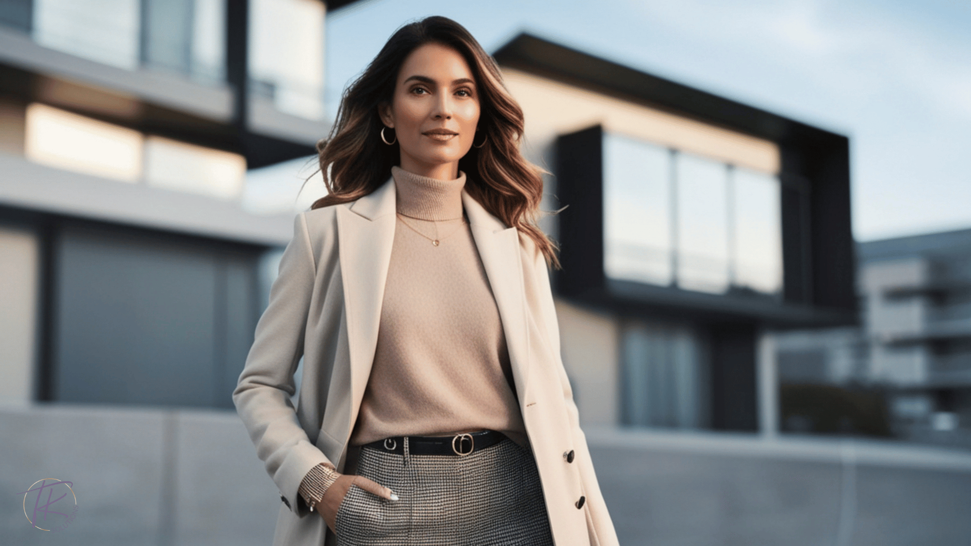 Professional woman standing confidently outside a modern office building, representing financial clarity and leadership during tax season